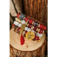 Red Dahlia 4pcs Boho Disc Tassel Wing Pendant Beaded Bracelet Set