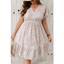 White Floral V Neck Ruffled Short Sleeve Plus Size Dress