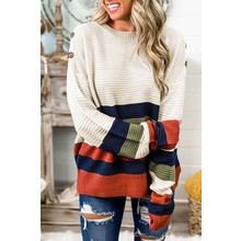White Buttoned Shoulder Drop Shoulder Striped Sweater