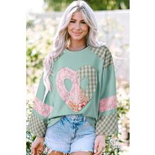 Clearly Aqua Plaid Floral Peace Heart Graphic Wide Long Sleeve Top