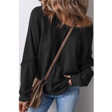Black Solid Waffle Knit Patchwork Raglan Sleeve Sweatshirt