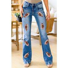 Sky Blue Sequin Rugby Football Pattern High Waist Distressed Flare Jeans
