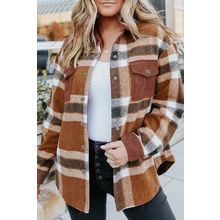 Brown Pocketed Buttoned Plaid Shirt Jacket
