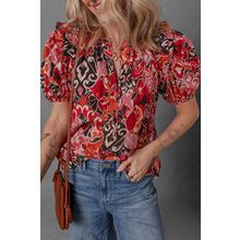 Red Ethnic Print Split Neck Short Puff Sleeve Blouse
