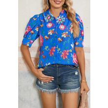 Blue Floral Short Puff Sleeve Button Up Shirt