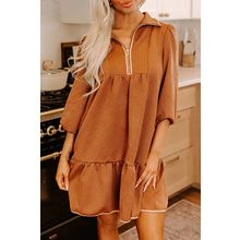 Desert Gold Quarter Zip Collar Bracelet Sleeve Textured Mini Dress