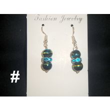 Asian style freehand painted round black glass earrings with turquoise crystal