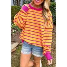 Orange Stripe Trimmed Round Neck Drop Shoulder Loose Sweater
