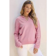 Peach Blossom Flower Detail Knitted Notched Neck Sweater