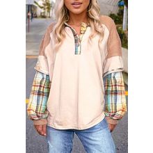 Parchment Plus Size Plaid Patchwork Layered Henley Top