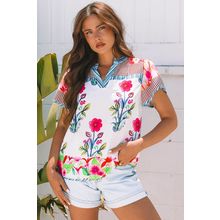 Pink Floral Striped Patchwork Short Sleeve Split Neck Blouse