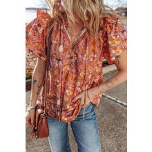 Orange Floral Print Ruffled Flutter Sleeve Frilled V Neck Blouse