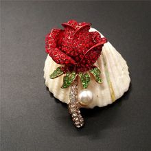Fashion Women Red Enamel Bling Flower Pearl Rose Charm Brooch Pin Gifts