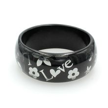 Acrylic Bangle w/ Loves & Flowers Bracelets - Black Color - BR-OB00182BLK