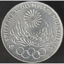 1972 J Germany 10 Mark Silver Coin Munich Olympics - Flame