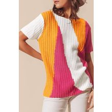 Orange Textured Knit Colorblock Short Sleeve Sweater