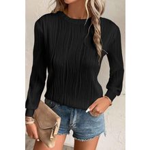Black Textured Wavy Round Neck Long Sleeve Top
