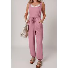 Light Pink Lace-up Elastic Waist Sleeveless Square Neck Jumpsuit