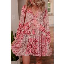 Pink Bohemian Floral Print Tassel Tie Long Sleeve Flowy Mini Dress
