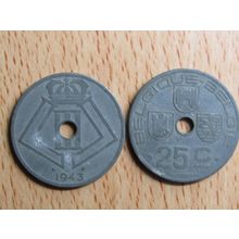 Belgium 1943 25 Centime Belgique (French Text) Coin