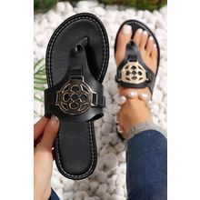 Black Metal Décor Leather Thong Slippers