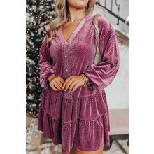 Meadow Mauve Plus Size Textured Velvet Tiered Button V Neck Dress