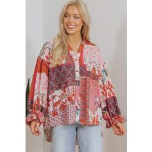 Red Boho Geometric Mixed Print Patchwork Bubble Sleeve Shirt