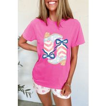 Sachet Pink Flag Pattern Boots Bow Accent Casual Graphic Tee