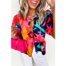Red Abstract Floral Print Front Tied Puff Sleeve Babydoll Blouse