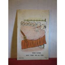 FAMILY IN BED humour used antique postcard by M & L, G. 1903 pm =
