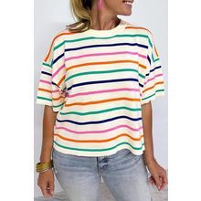 Beige Stripe Dropped Short Sleeve Boxy Fit Knitted Top