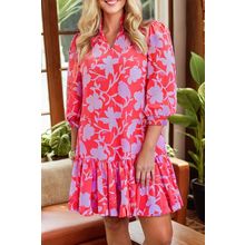 Red Floral Three Quarter Sleeves Ruffle Hem Mini Dress