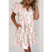 Pink Floral Contrast Edge Layered Short Sleeve Mini Dress