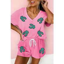 Bonbon Sequin Turquoise Patched V Neck Tee Drawstring Shorts 2pcs Outfit