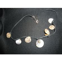 Surfing beach life iridescent round cut shell on 17" waxed cotton necklace