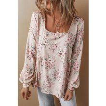 Pink Floral Print Pleated U Neck Loose Fit Blouse