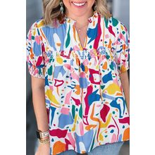 White Abstract Print Shirred Cuff Puff Sleeve Plus Size Blouse