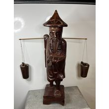 Wood Carving Honey Bucket Old Man Carrier Japan Vintage Collectable Figurine
