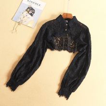 Women Lace Collar Fake Cropped Long Sleeve Lapel Hollow Out Half Shirt Blouse
