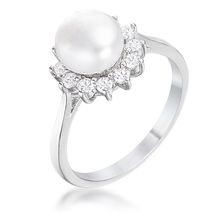 36Ct Rhodium Plated Freshwater Pearl and CZ Halo Ring