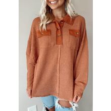 Brown Waffle Knit Button Contrast Trim Long Sleeve Top