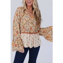 Yellow Printed Floral Bell Sleeve V Neck Wrapped Contrast Peplum Blouse