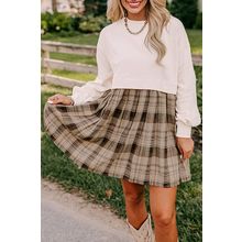 Beige Plaid Patchwork High Waist Sweatshirt Mini Dress