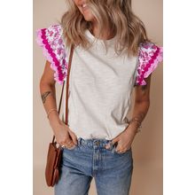 Rose Ricrac Trim Printed Flutter Sleeve Contrast Patchwork Blouse