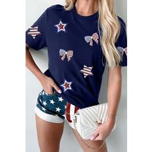 Blue Sequin USA Flag Bow Star Graphic Crewneck T Shirt