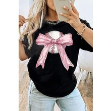 Black Baseball Bow Knot Print Round Neck T Shirt