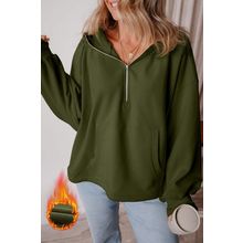 Moss Green Fleece Lined Half Zipper Kangaroo Pockets Loose Hoodie