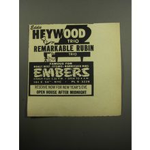 1957 Embers Restaurant Ad - Eddie Heywood Trio Remarkable Rubin Trio