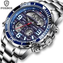 Gents Heavy Large Blue Dual Time Face Silver Stainless Steel Bracelet Watch Box