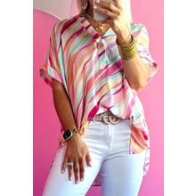 Multicolour Abstract Print High Low Short Sleeve Blouse